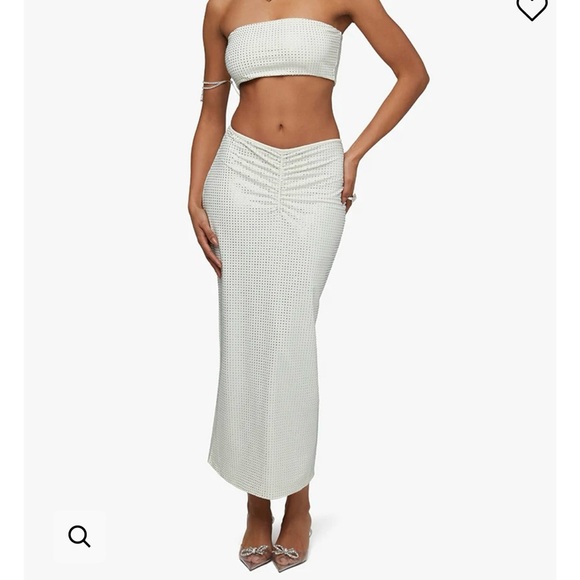 NWT WeWoreWhat Ivory Crystal Midi Skirt All-Over Rhinestone Nylon Stretch Size L - Picture 11 of 11
